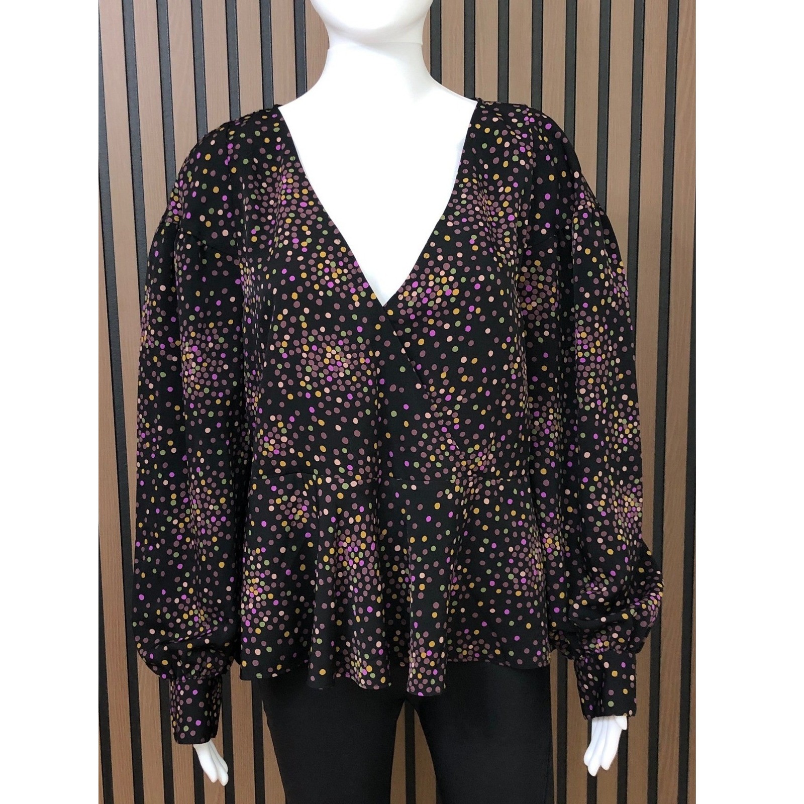 Kate Spade Women's Blouse Black Polka Dot V Neck L Peplum Blouse Long Sleeve